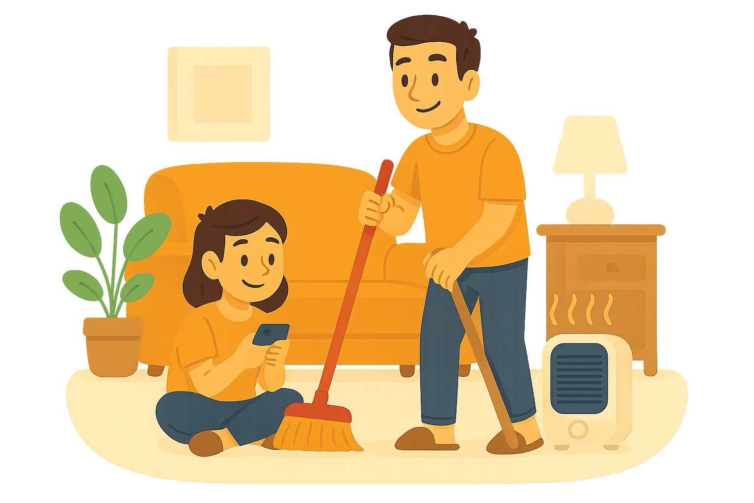 Estufa de bajo consumo en salón proporcionando calor localizado a una pareja.