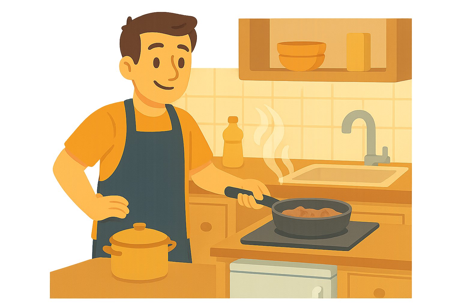 Un hombre prepara la comida en una sartén de la batería de cocina.