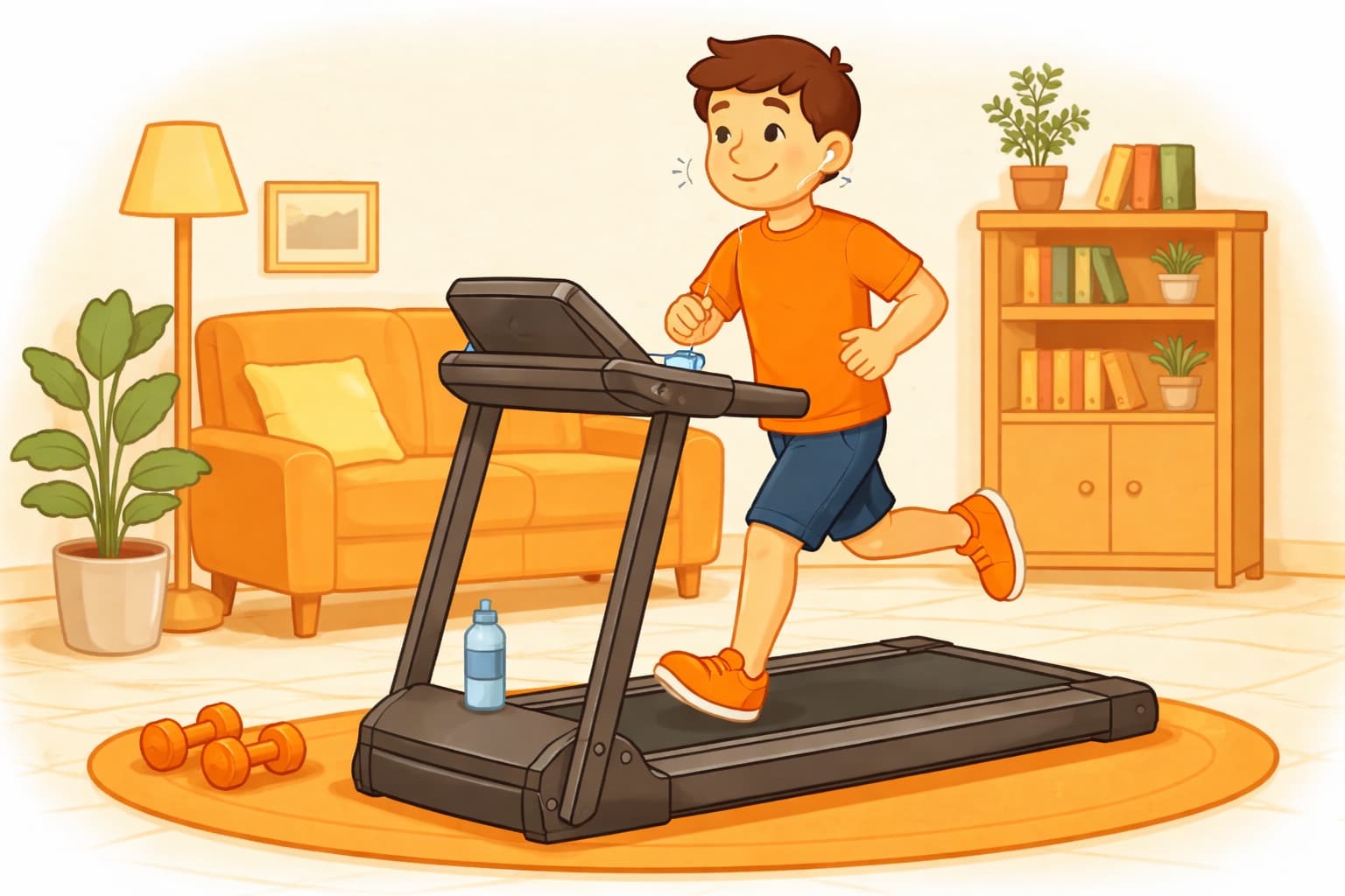Un joven se ejercita en la cinta de correr y anda.