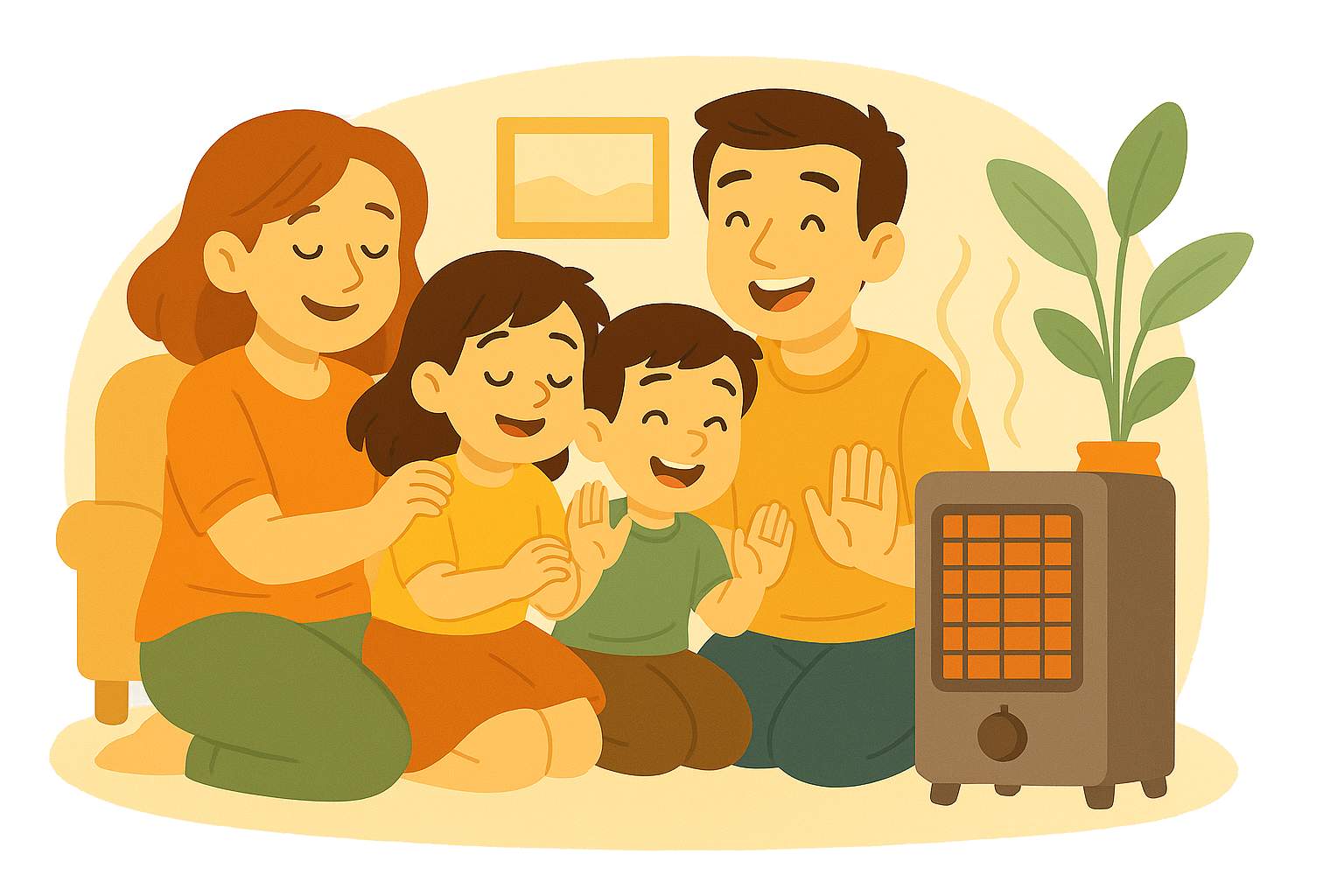 Una familia se arropa alrededor de una estufa de gas en el salón.