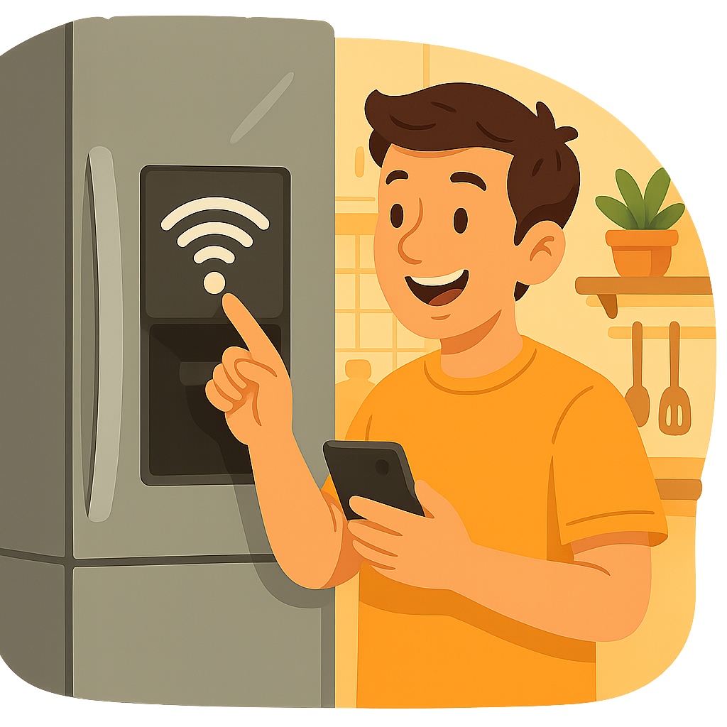 Un hombre feliz con su frigorífico con wifi.