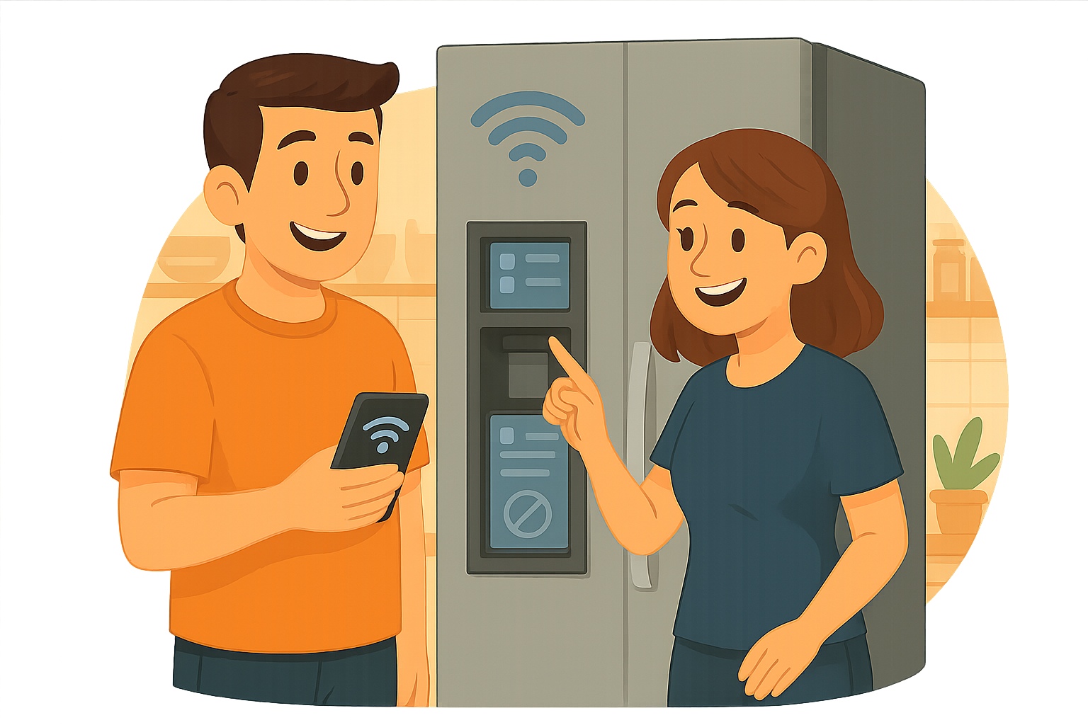 Una pareja feliz habla al lado de su frigorífico con wifi.