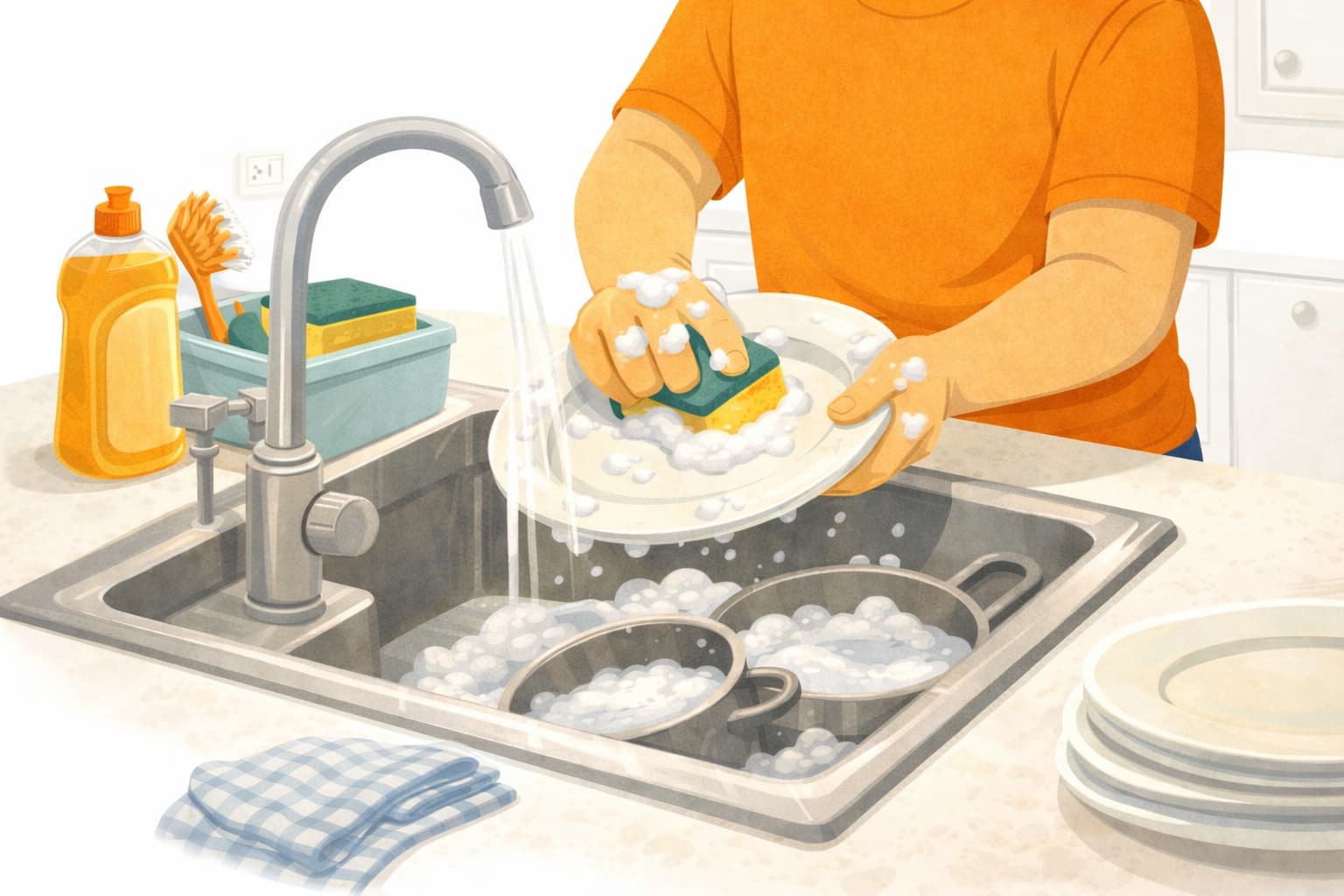 Un hombre friega los platos en el grifo de la cocina.