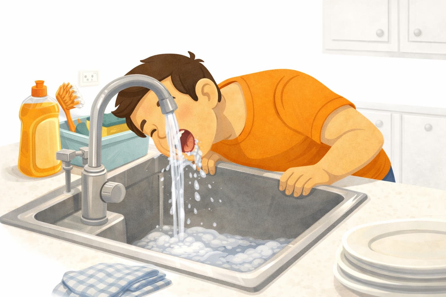 Un hombre bebe agua en un grifo de cocina instalado en fregadero.