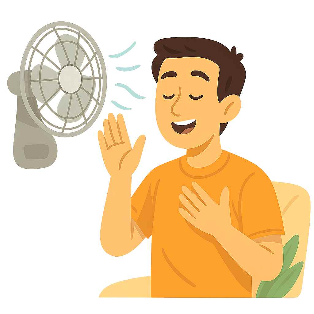 Un hombre distruta del ventilador de pared instalado en el salón para refrescar el ambiente.