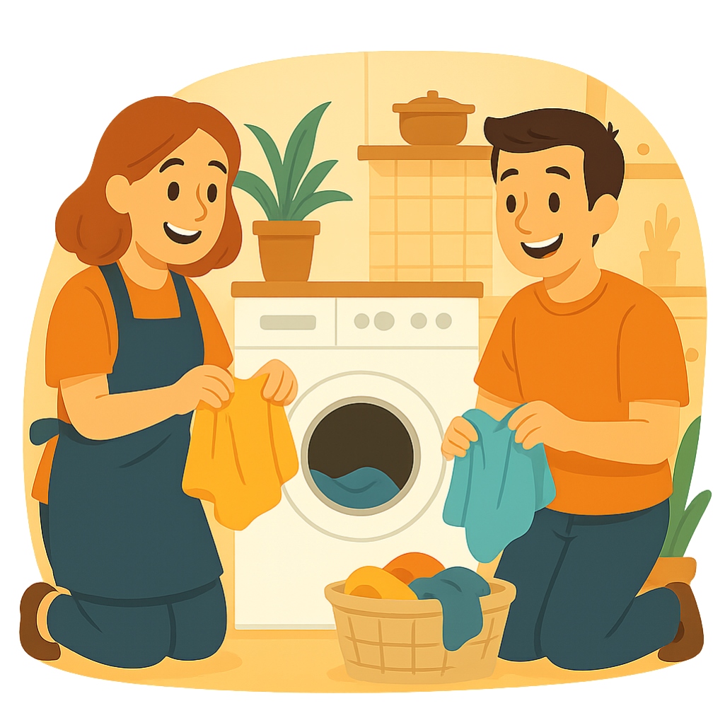 Una pareja feliz recoge la colada de la lavadora de 8kg.