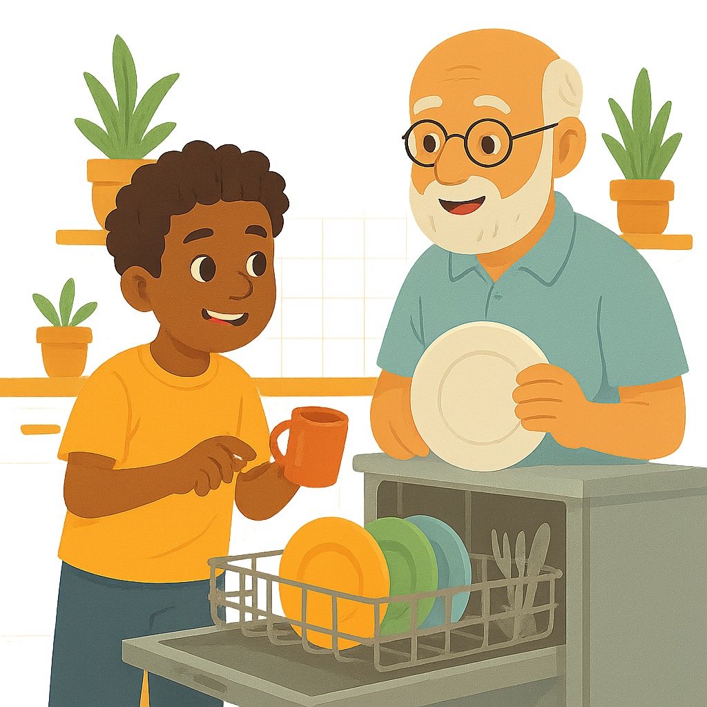 Un nieto y su abuelo recogen los platos del lavavajillas de 45cm.
