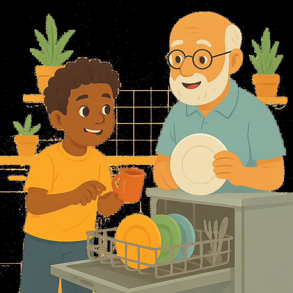 Un nieto y su abuelo recogen los platos del lavavajillas de 45cm.
