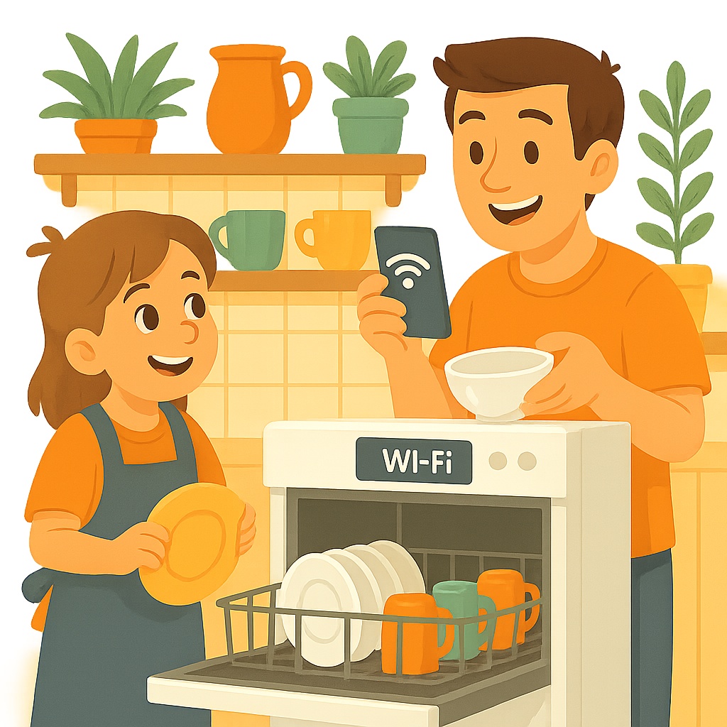 Padre e hija utilizan lavavajillas con wifi