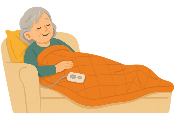 Una señora descansa recostada en su sillón con la manta eléctrica.
