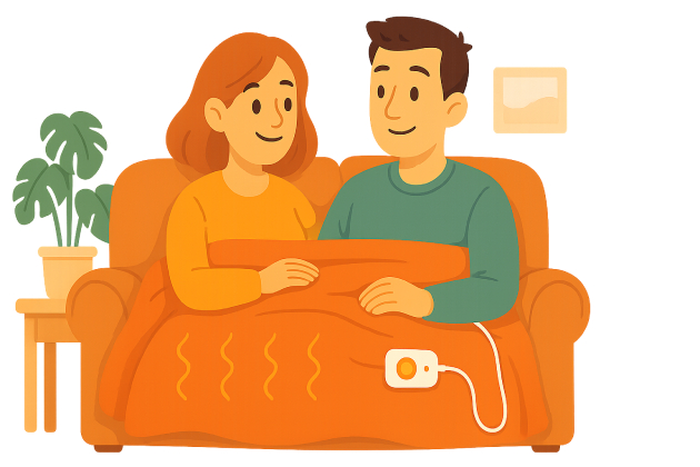 Una pareja con su manta eléctrica en el sofá.