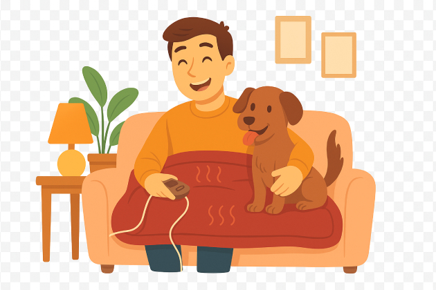 Un chico juega con su perro en el sofá mientras se calienta con la manta eléctrica.