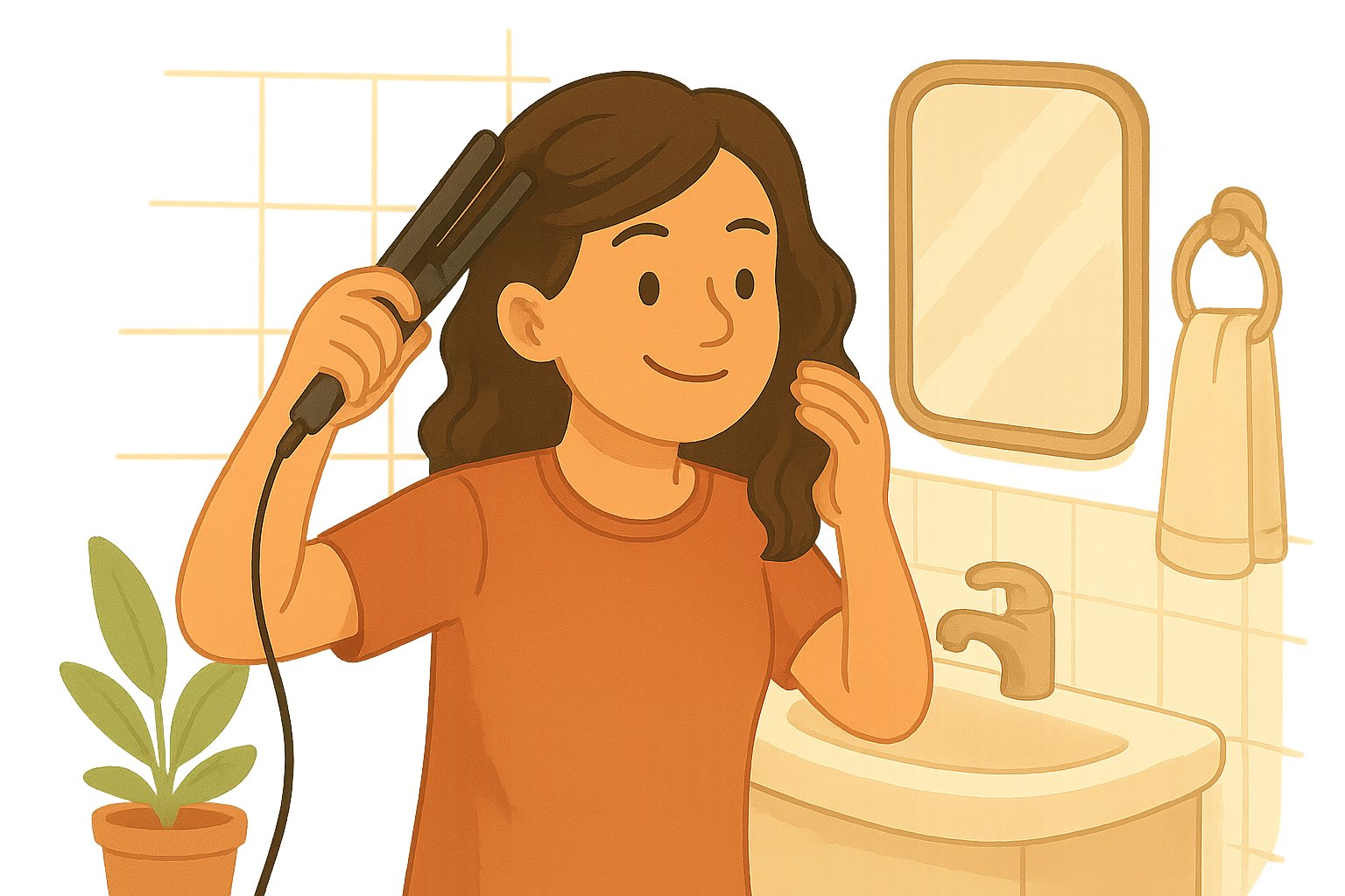 Una chica se alisa el pelo en el baño con el moldeador de pelo.