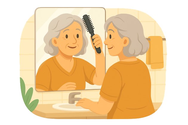 Una señora utilizar el moldeador de pelo en el baño.