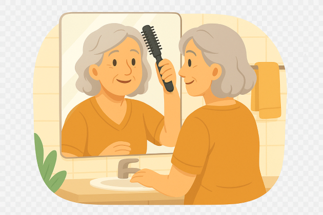 Una señora utilizar el moldeador de pelo en el baño.