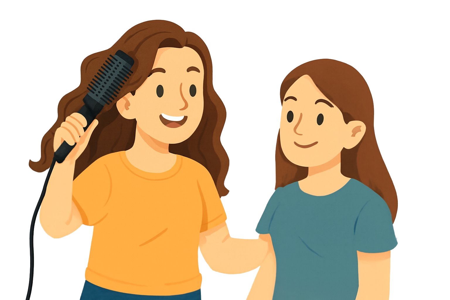 Dos amigas hablan mientras una se peina con el moldeador de pelo.