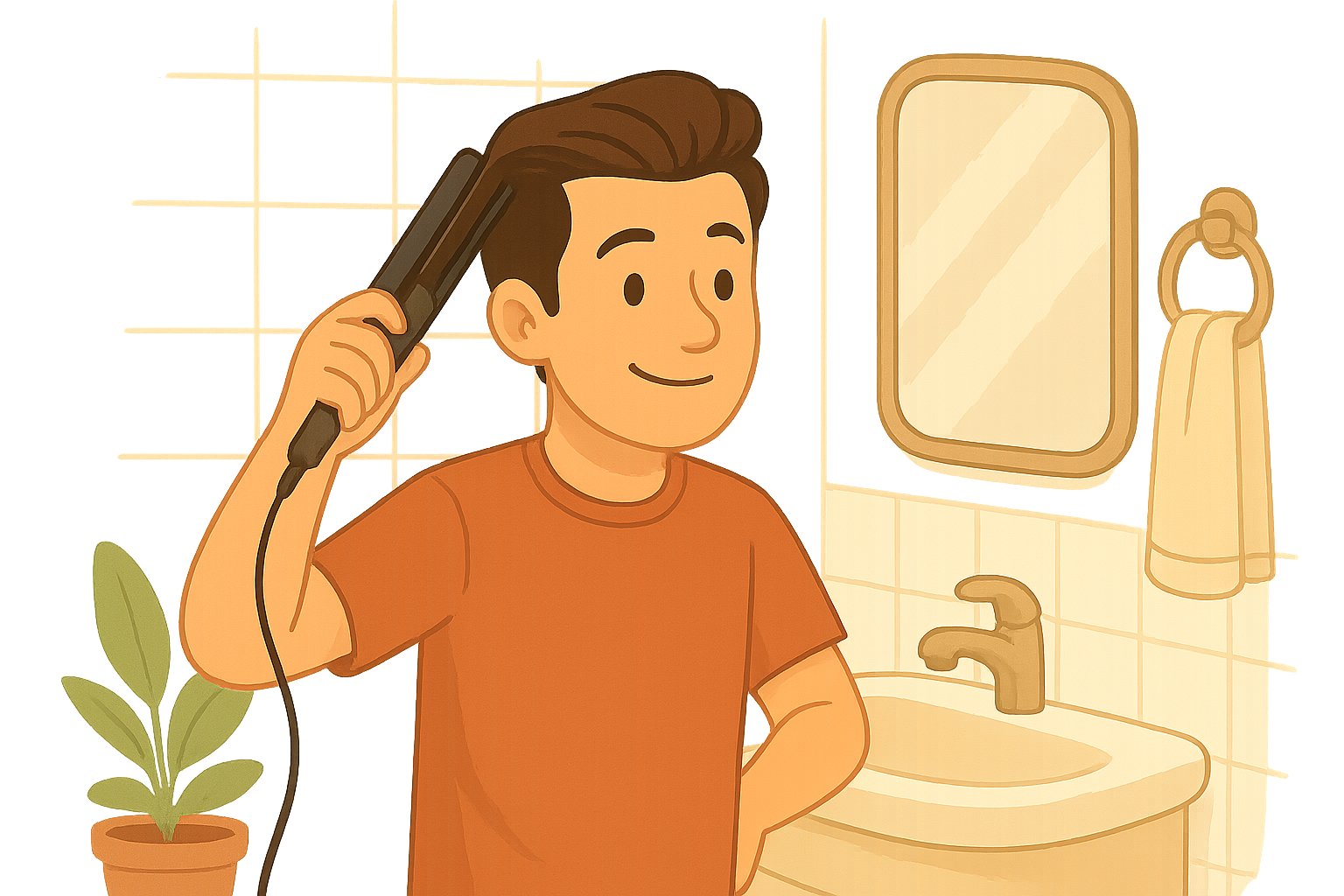 Un hombre se peina con su moldeador de pelo frente al espejo del baño.