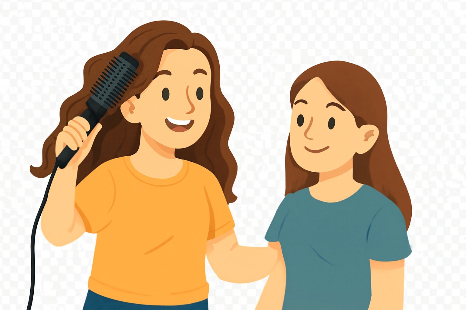 Dos amigas hablan mientras una se peina con el moldeador de pelo.