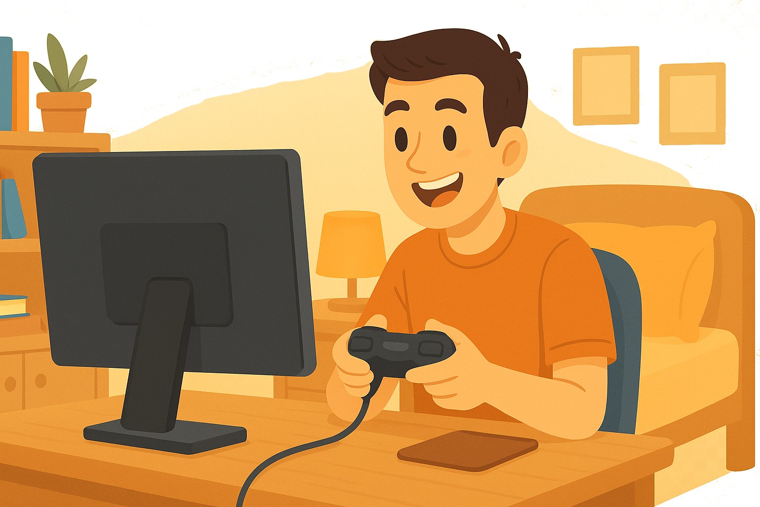 Un hombre juega a videojuegos en el monitor de su cuarto.