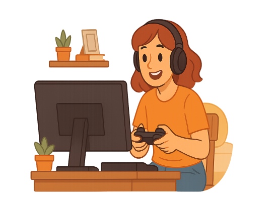 Una mujer juega al ordenador con el monitor de su cuarto.