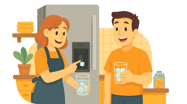 pareja echando hielo de frigorífico con dispensador de hielo