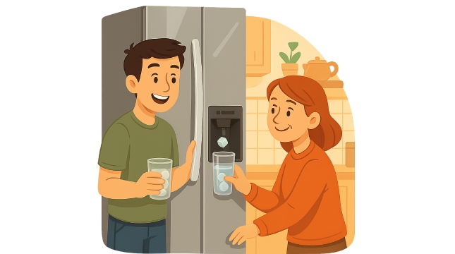 Pareja hablando con un frigorífico con dispensador de hielo