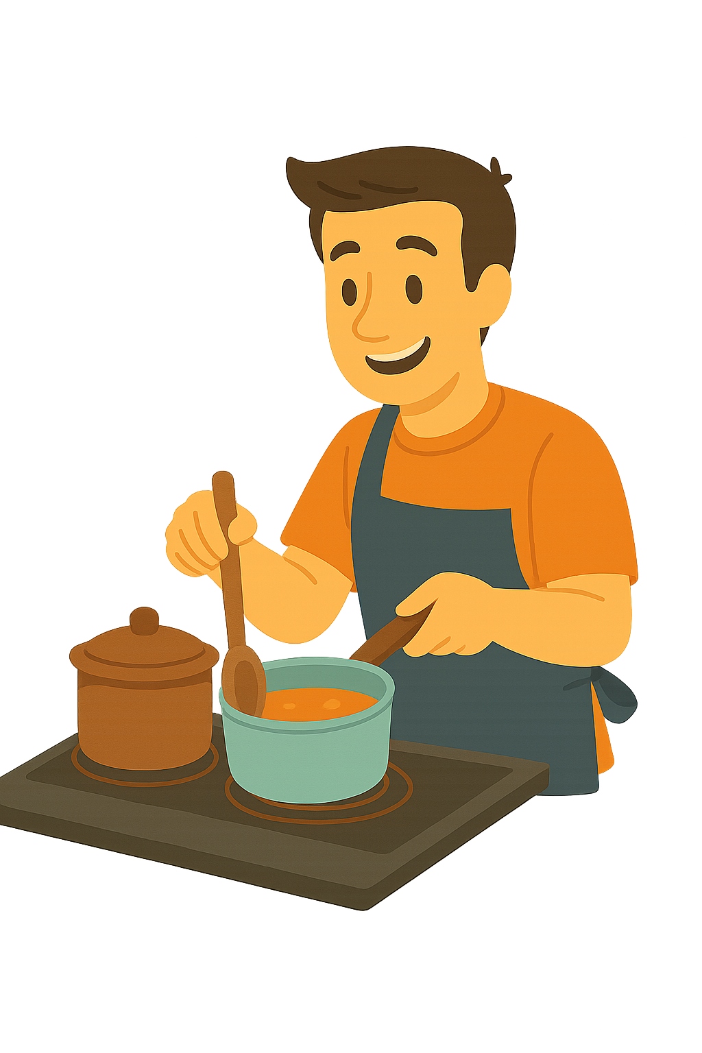 Un hombre cocina la comida en su placa con 2 fuegos.