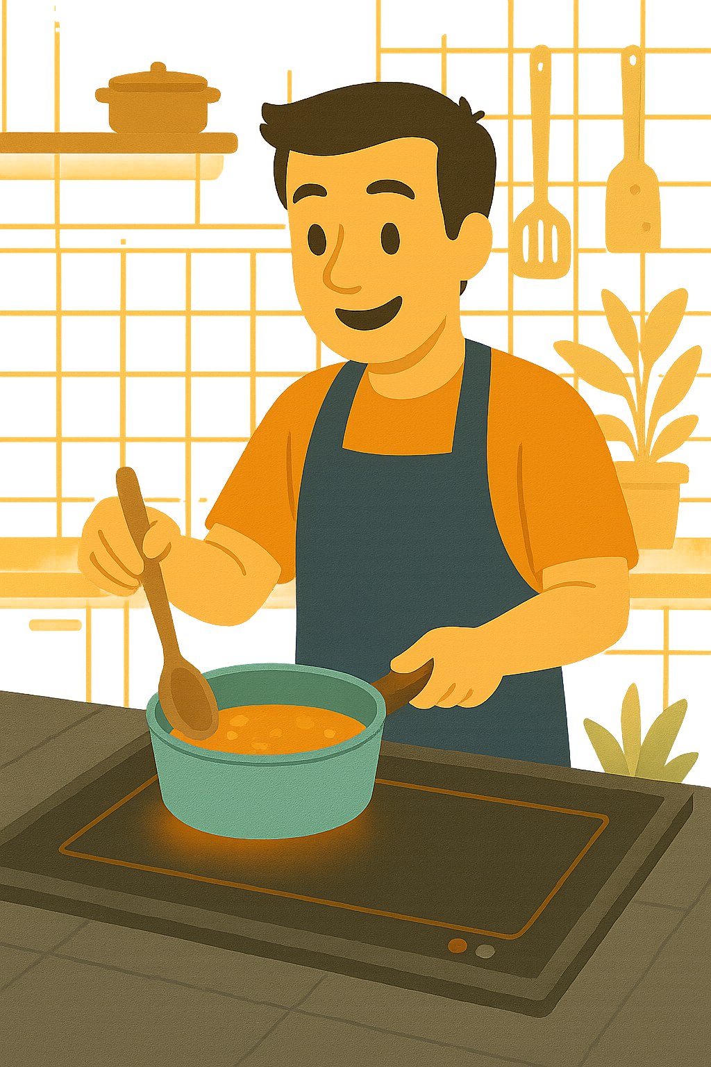 Un hombre cocina la comida en su placa de inducción flex.