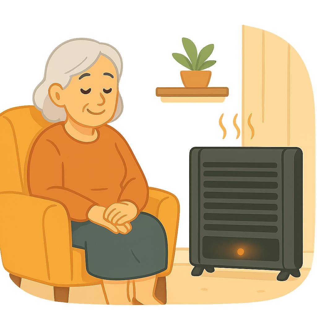 Estufa de gas en salón de una señora mayor sentada en el sillón a su abrigo.