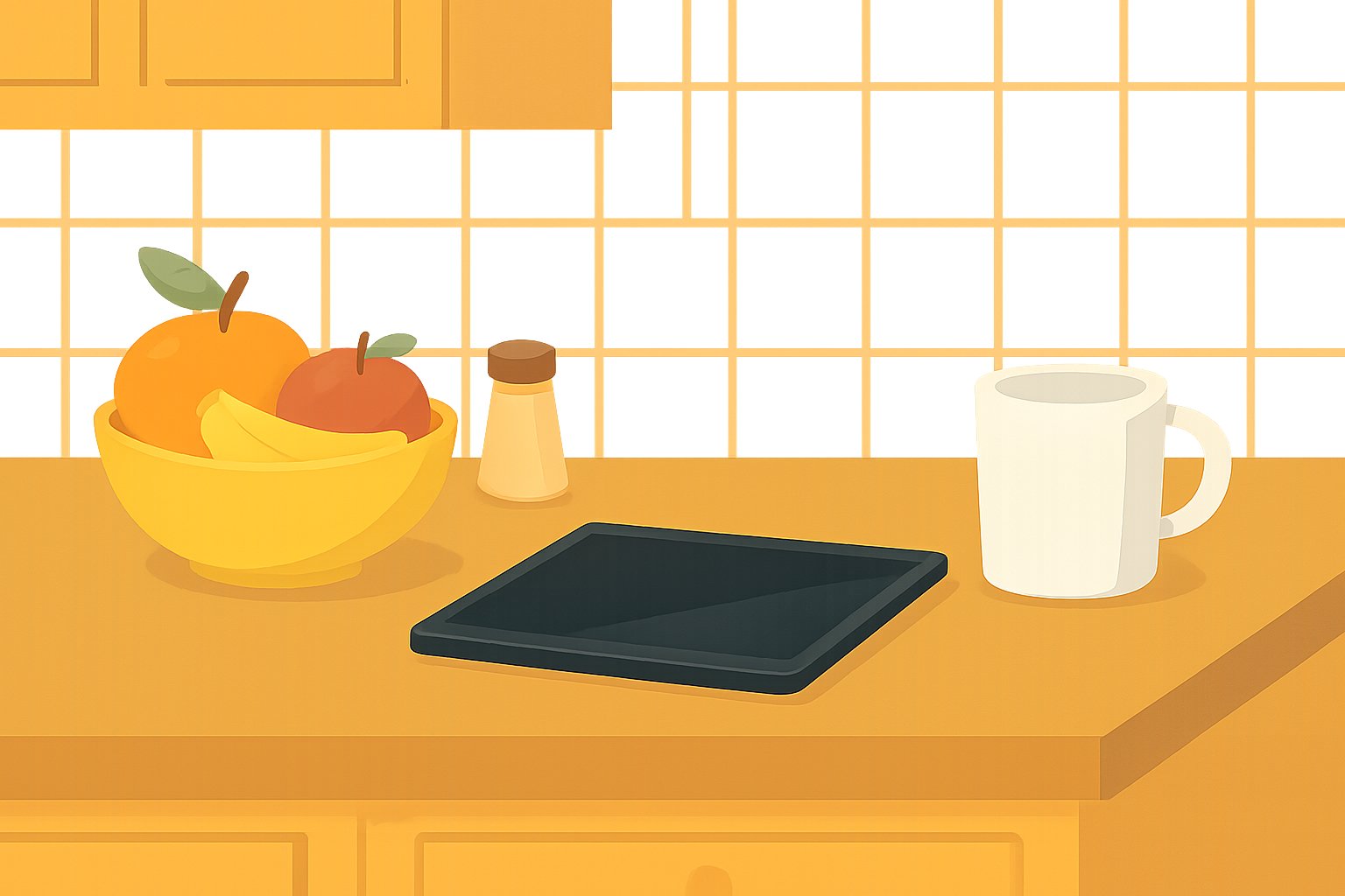 Una tablet apagada en la encimera de una cocina.