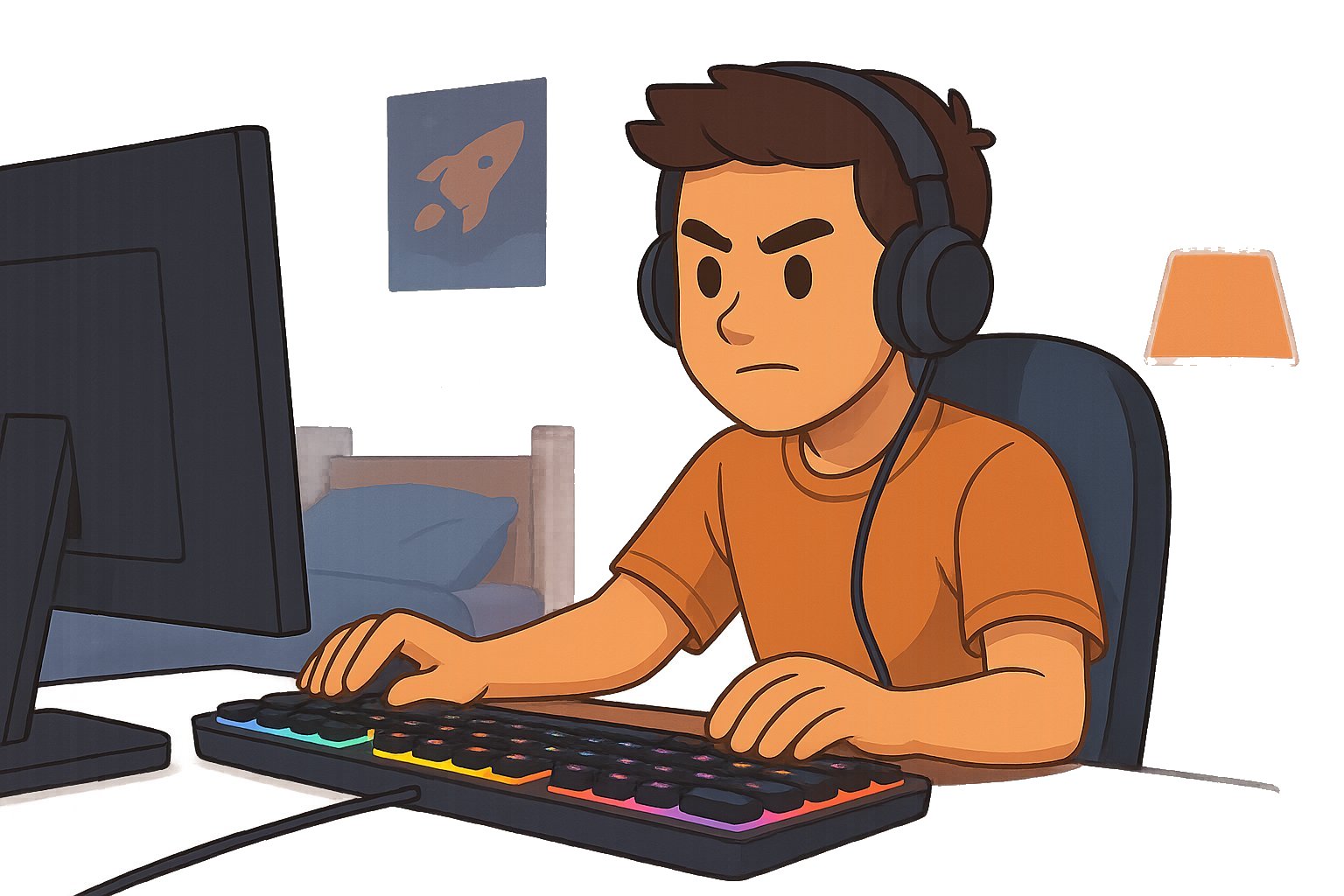 Un chico juega al ordenador de manera competitiva con un monitor HDMI.