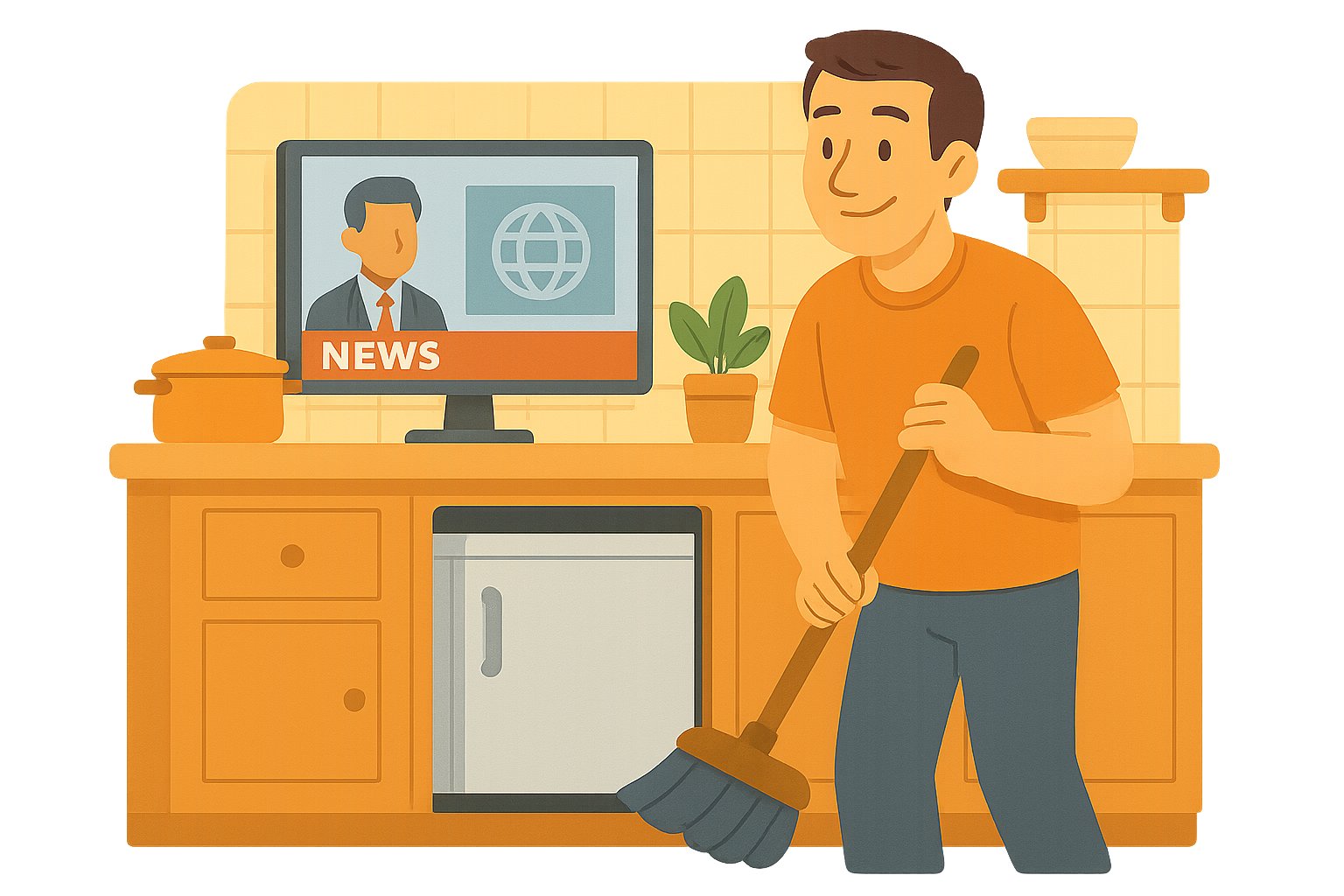 Un hombre barre mientras ve las noticias en la smart TV de la cocina.