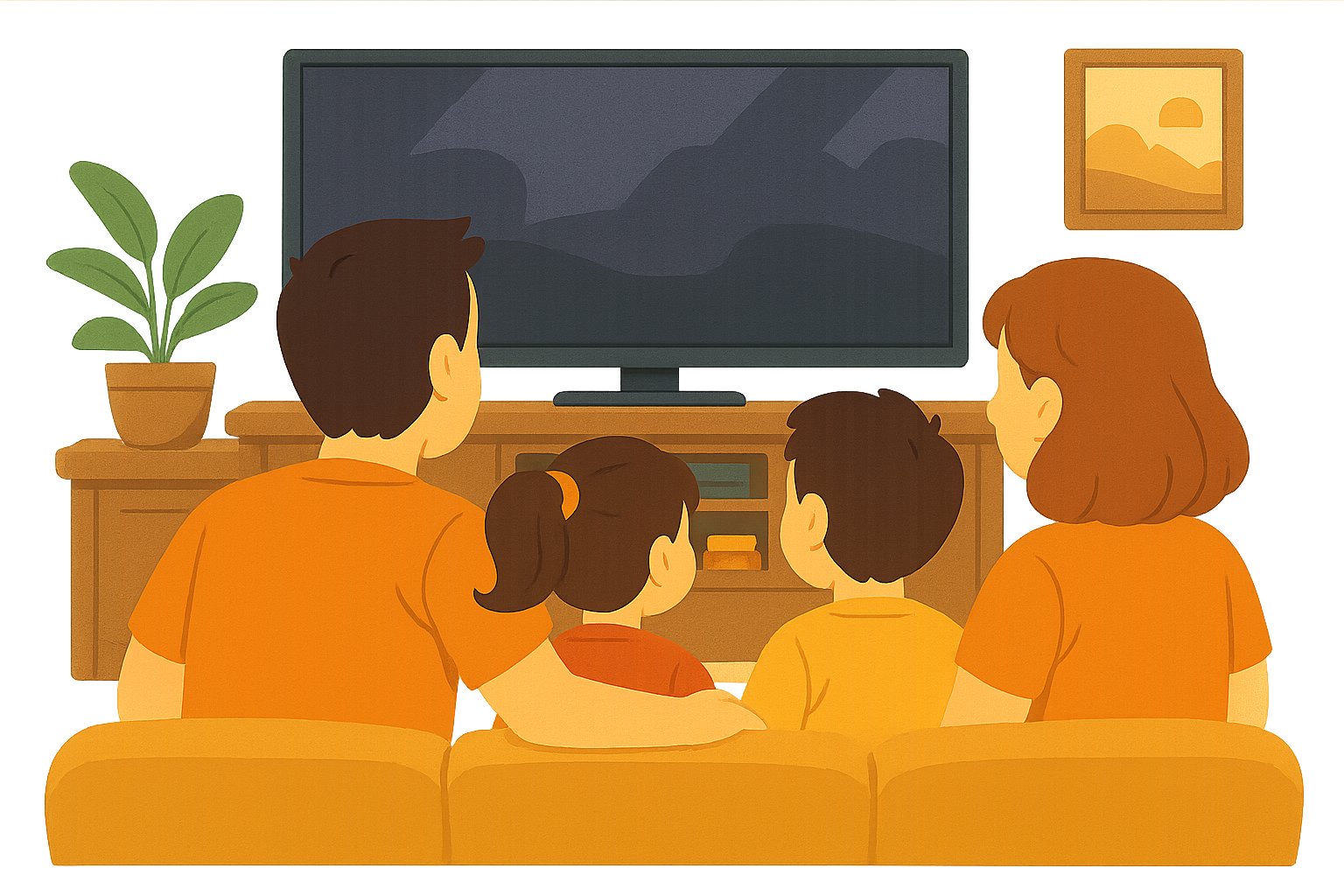 Una familia reunida en el salón va a ver una película en la smart TV.