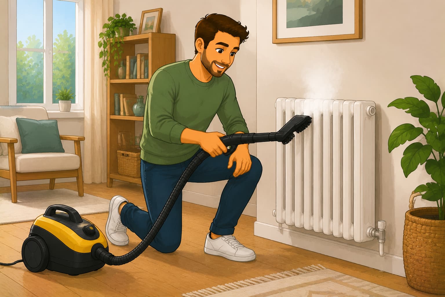 Un hombre friega el suelo de su baño con la fregona eléctrica