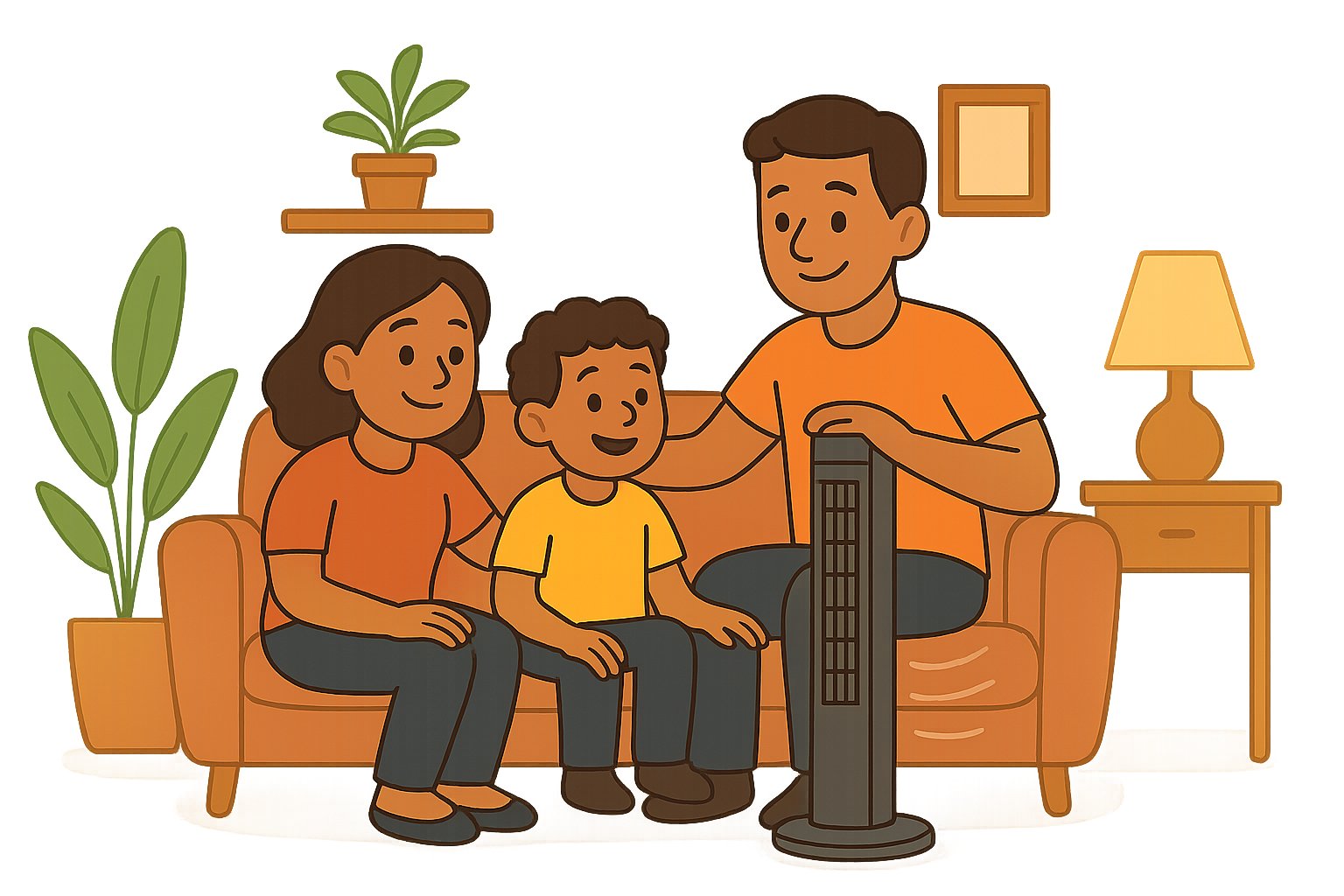 Una familia se refresca con el ventilador de columna en el salón de casa.