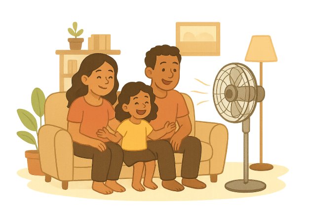 Una familia sentada en el sofá del salón de casa se refresca con un ventilador de columna.