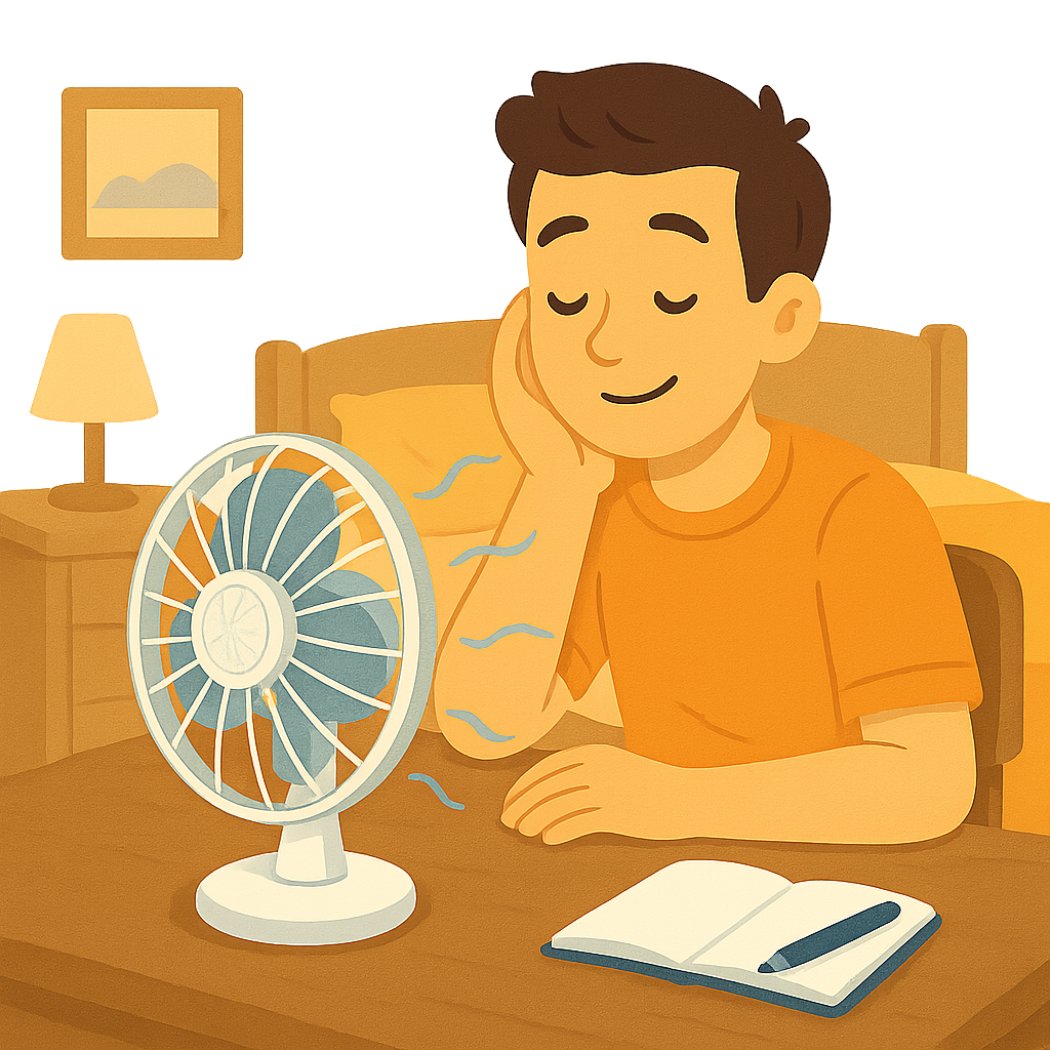 Un chico se alivia con el ventilador de mesa.