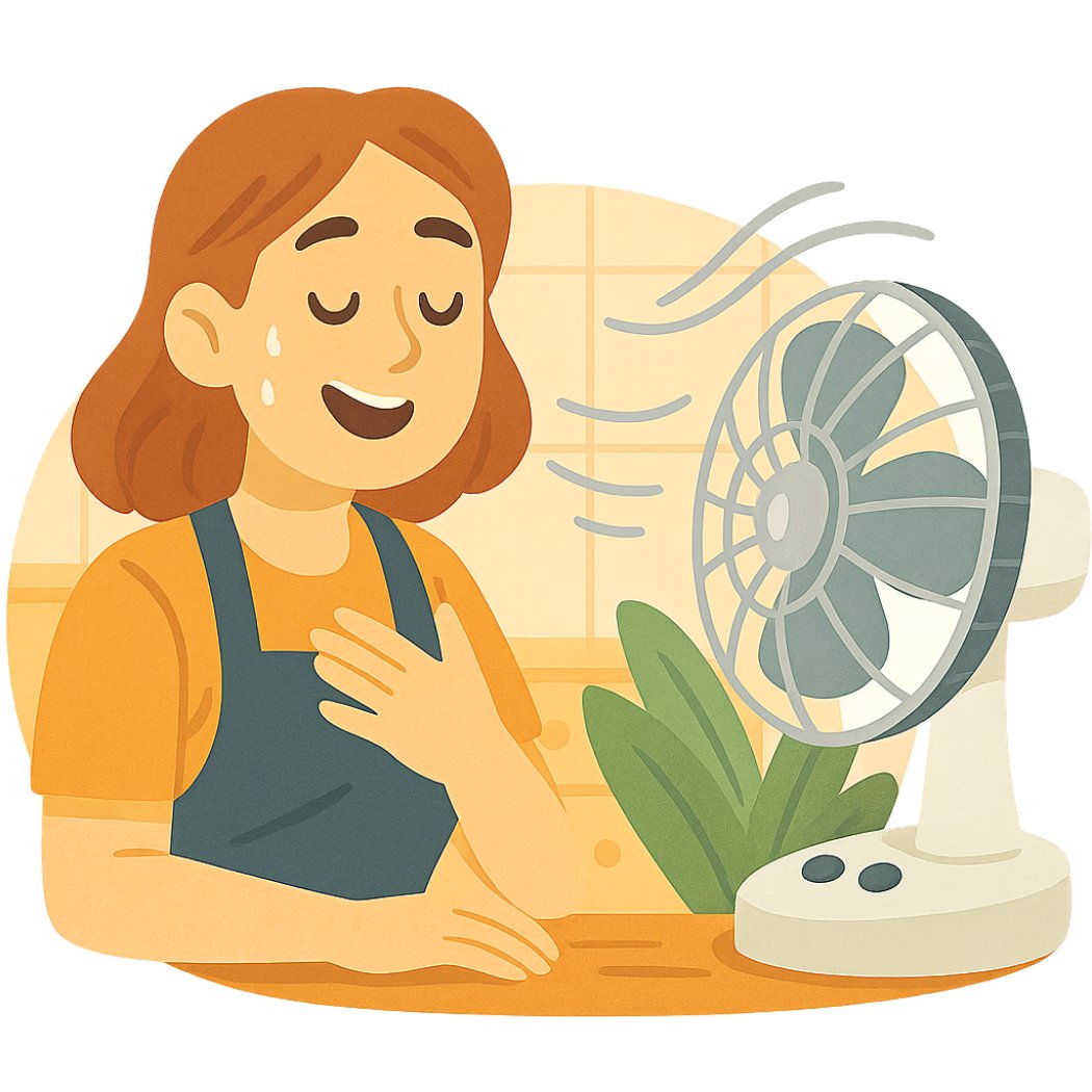 Una chica sudada se alivia con un ventilador de mesa.