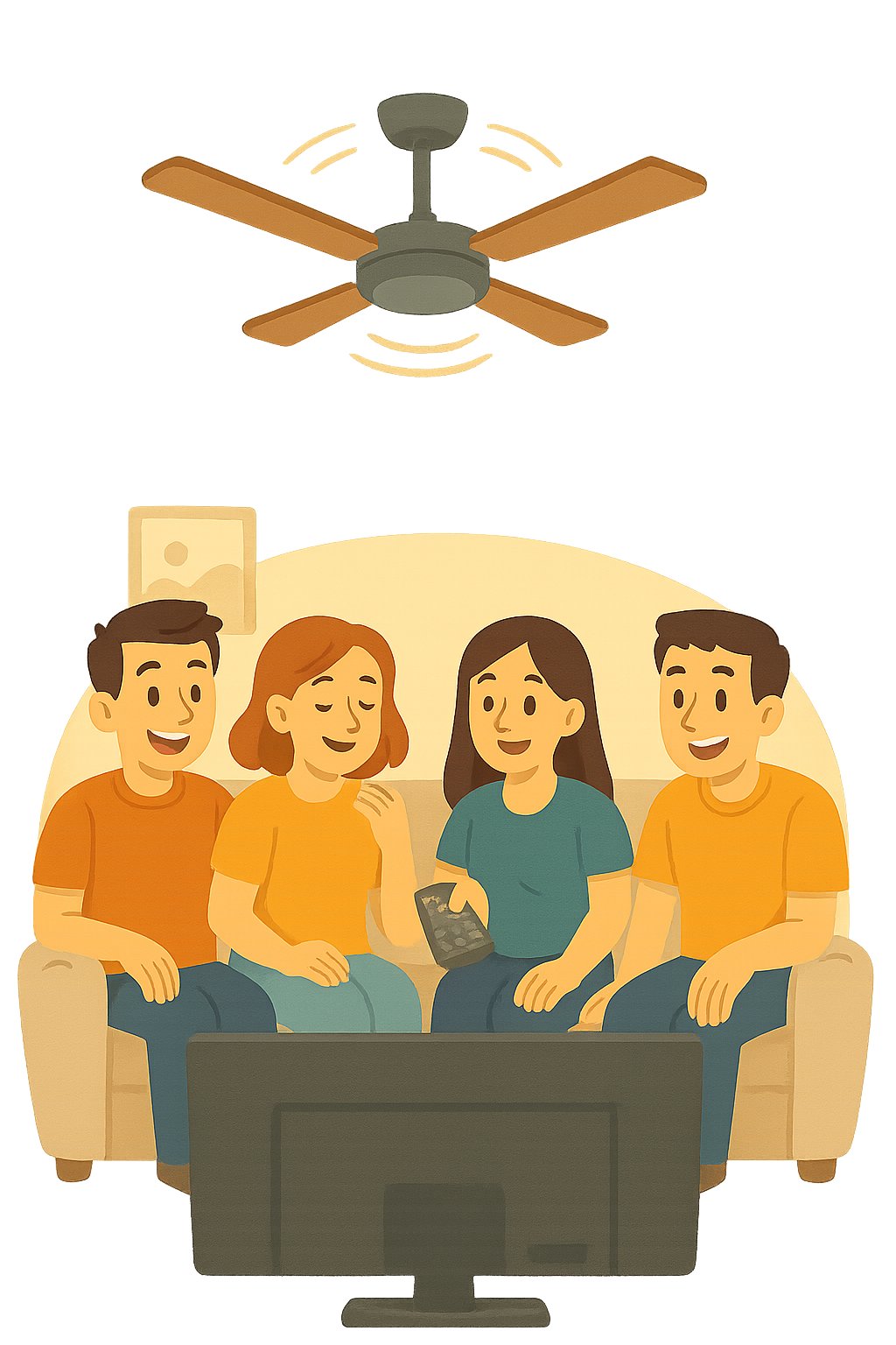 un grupo de amigos ven la tele con un ventilador de techo encendido en el salón.