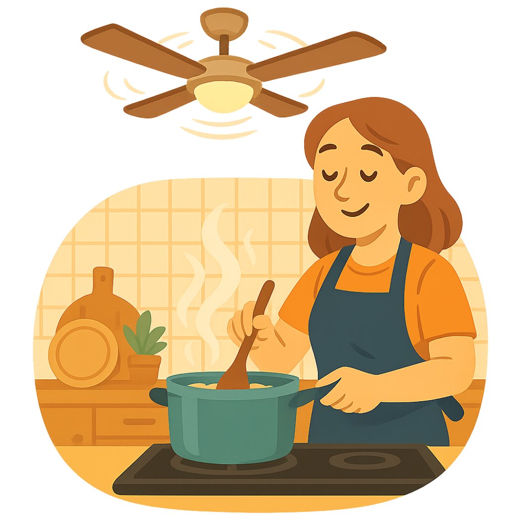 Una mujer prepara la comida en la cocina con un ventilador de techo encendido.