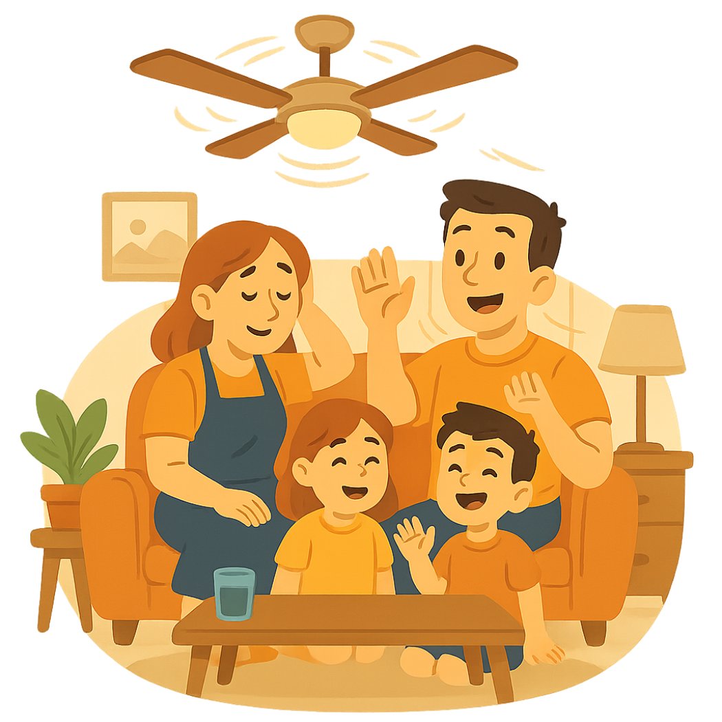 Una familia sentada en el sofá se refresca con el ventilador de techo a máxima potencia.