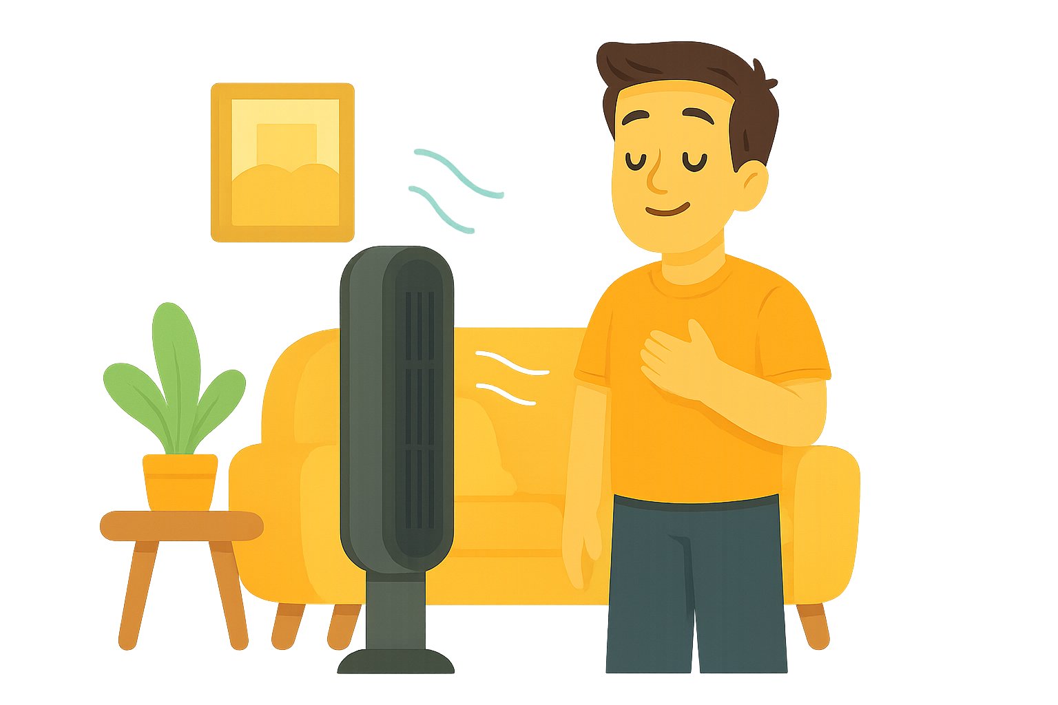 Un hombre se alivia del calor con el ventilador de columna